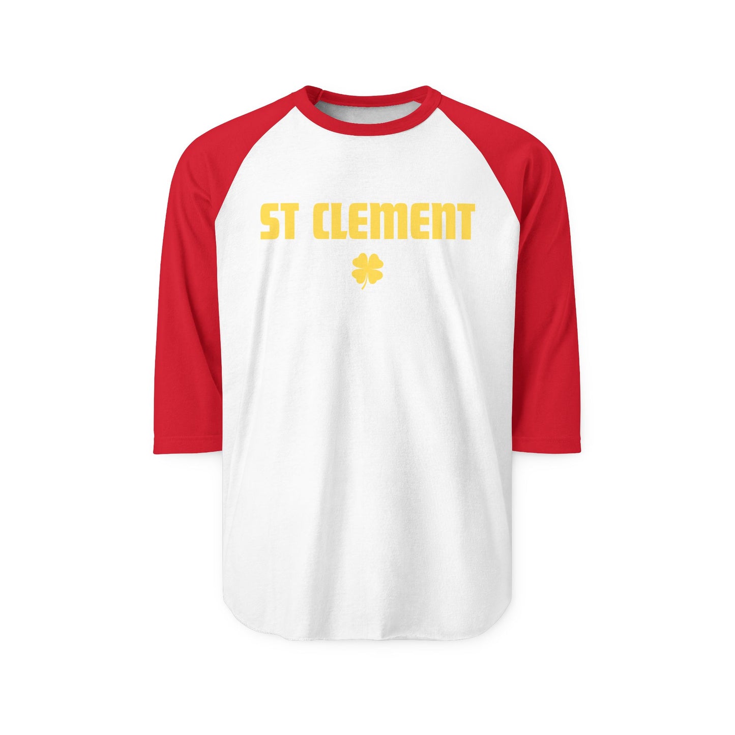 St. Clement Raglan Shirt — Vintage Gold Text & Shamrock 3/4 Sleeve