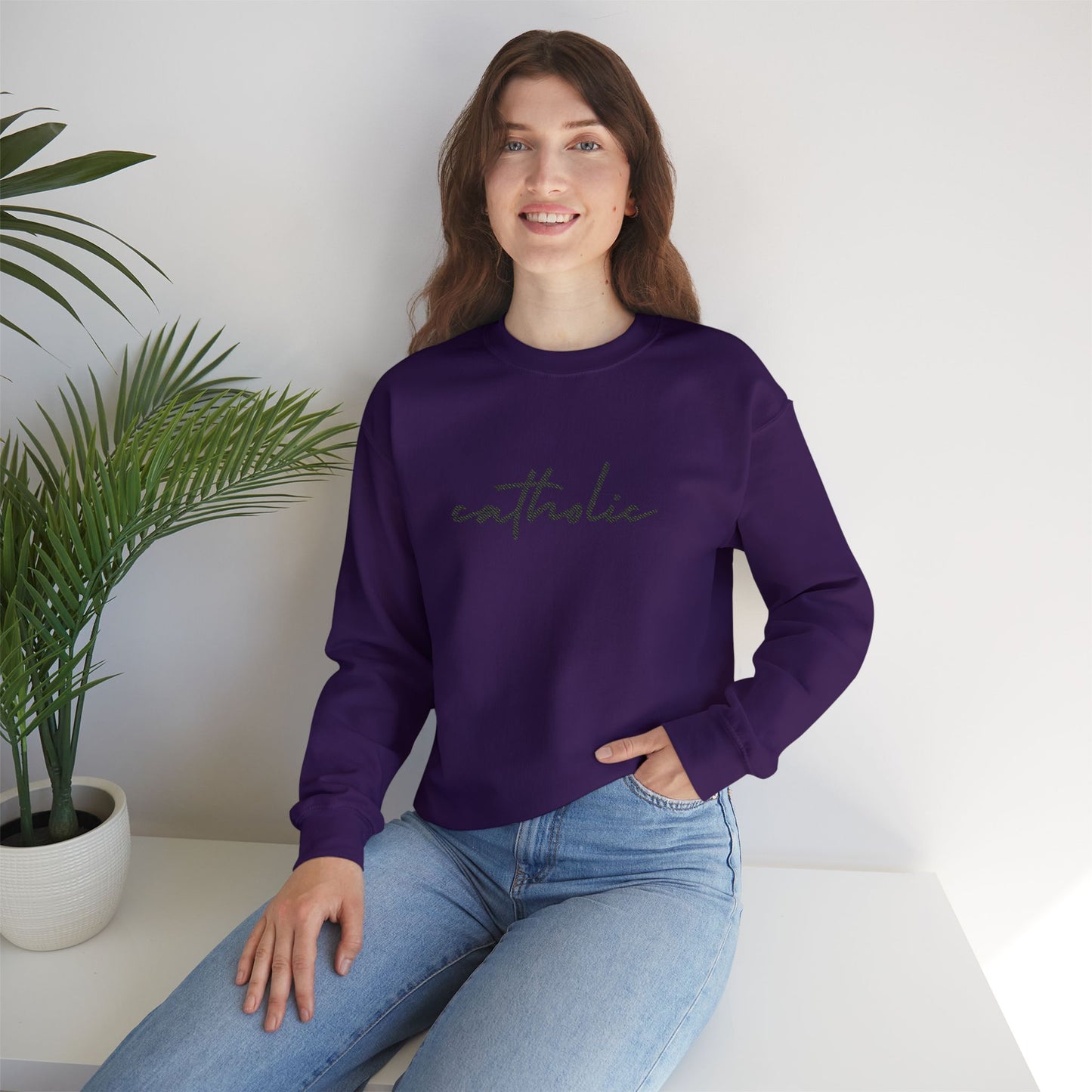 catholic Script Embroidered Crewneck Sweatshirt - black stitches