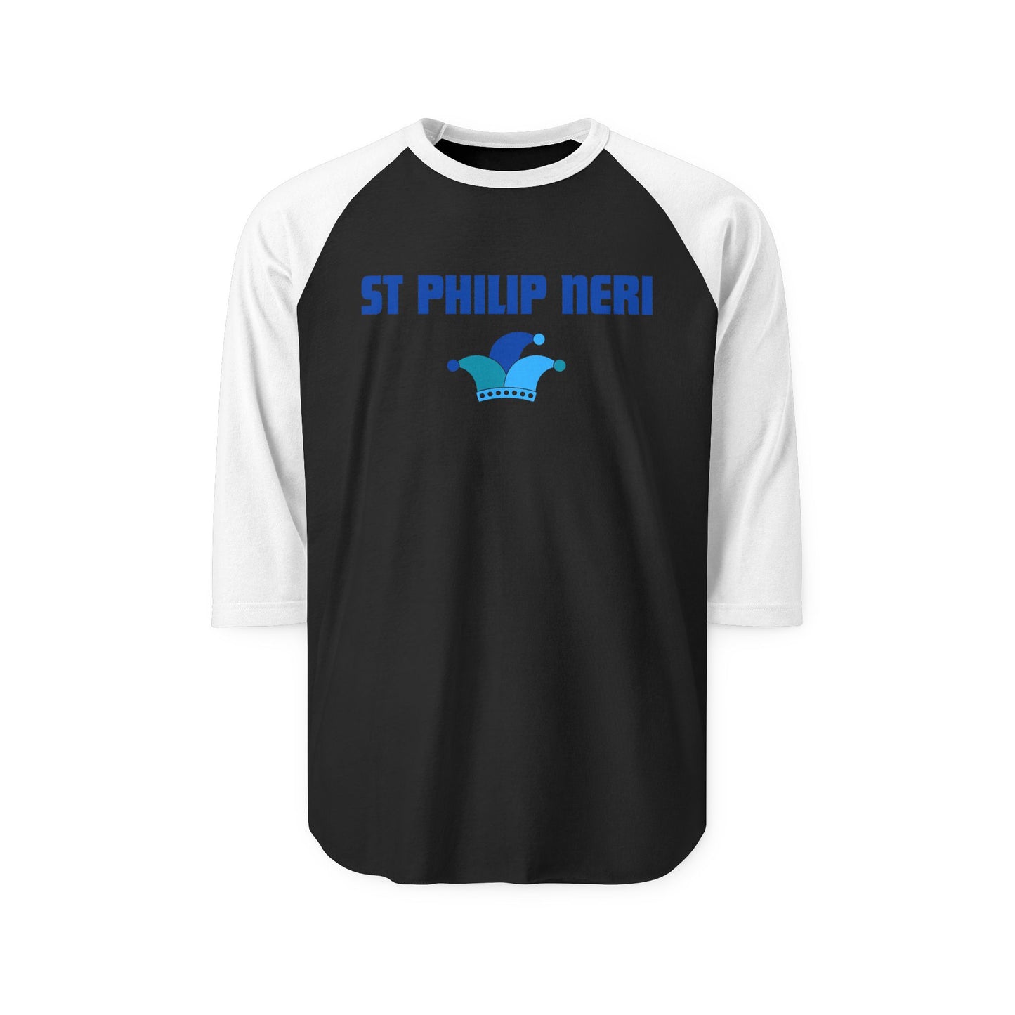 St. Philip Neri Raglan Shirt — Blue Text & Jester's Hat 3/4 Sleeve