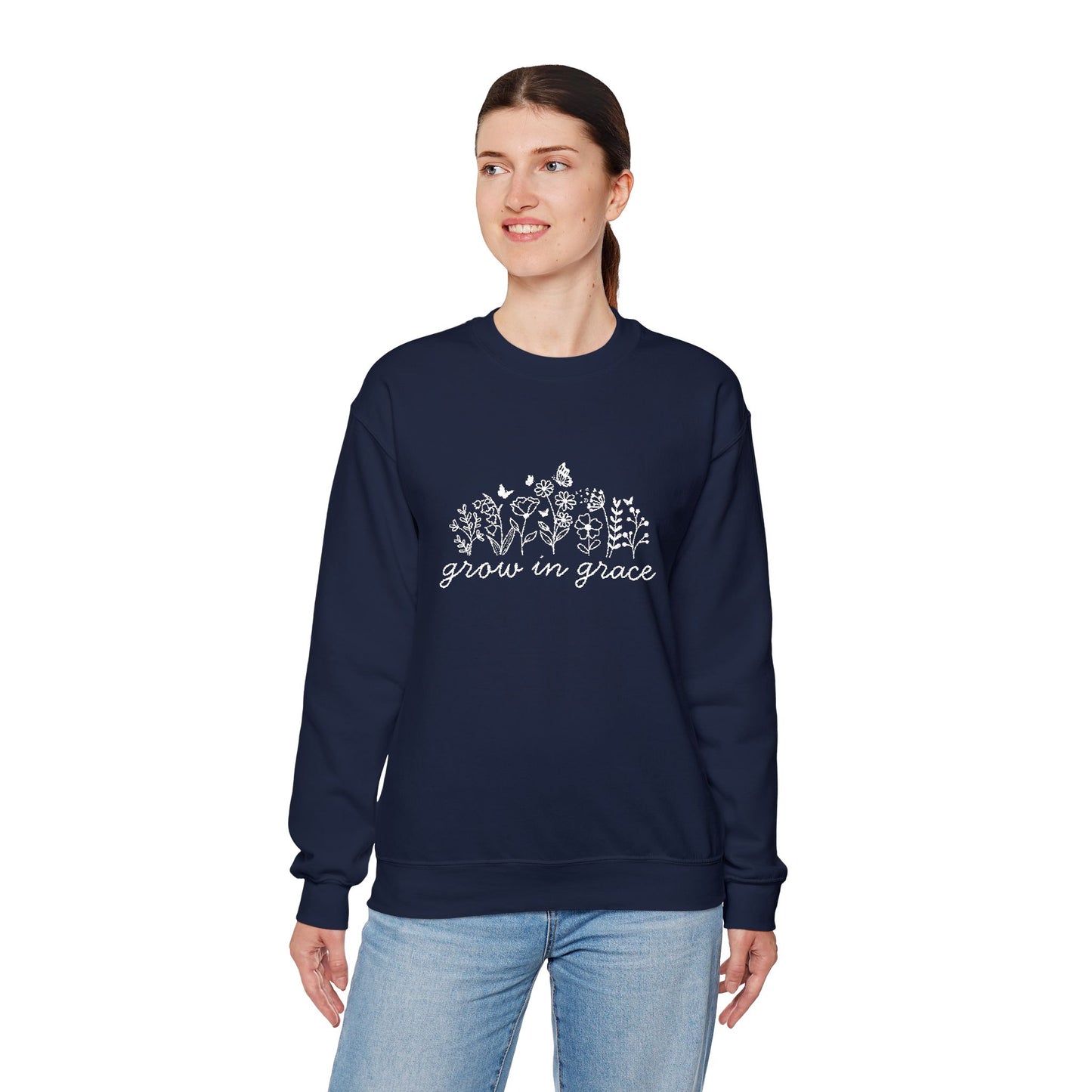 grow in grace Embroidered Crewneck Sweatshirt - white stitches