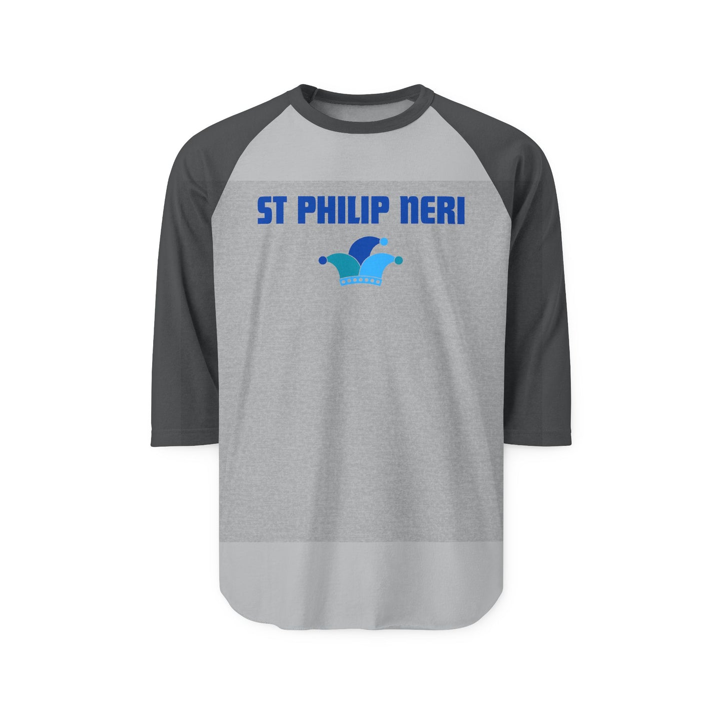 St. Philip Neri Raglan Shirt — Blue Text & Jester's Hat 3/4 Sleeve