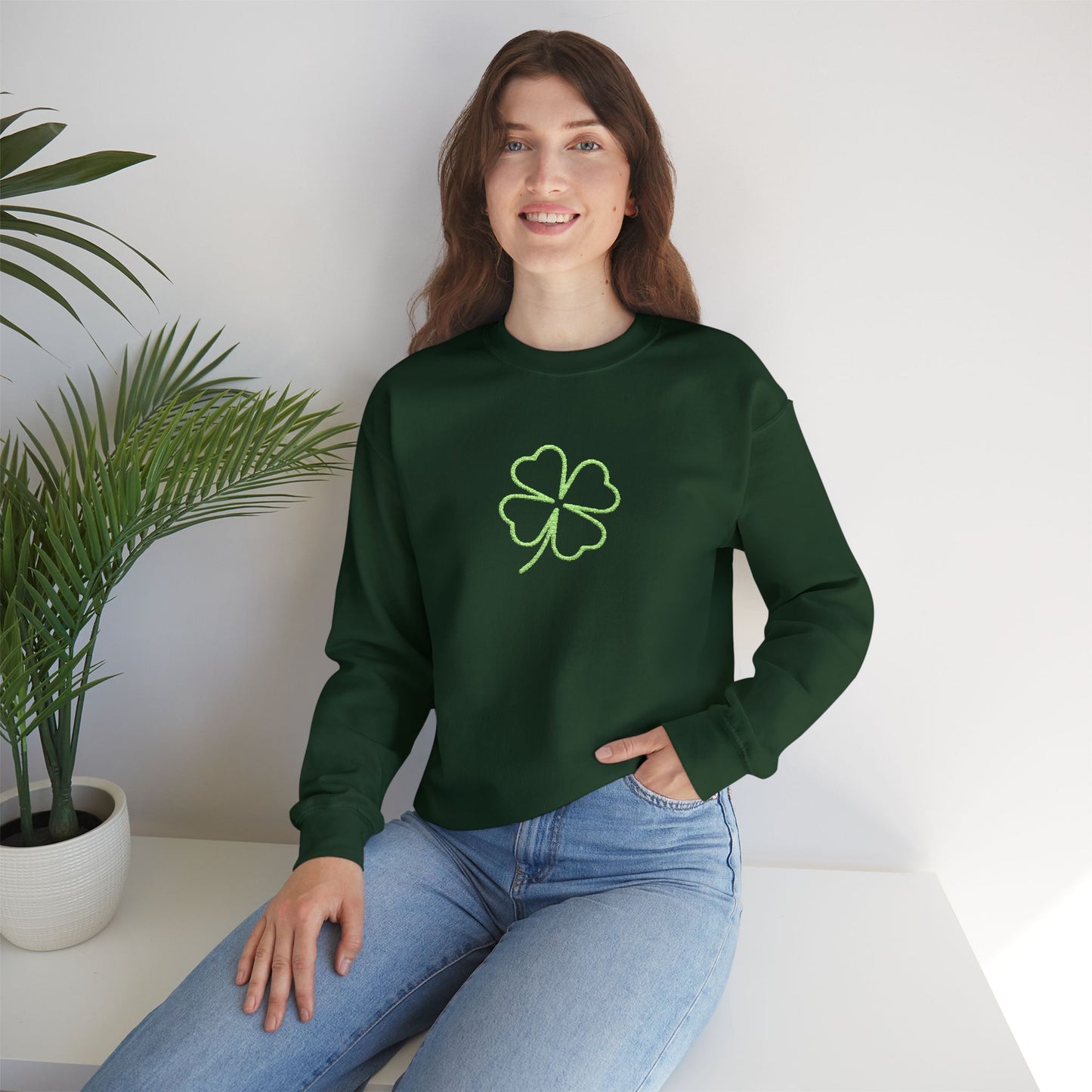 Shamrock Embroidered Crewneck Sweatshirt - Kelly Green Stitching