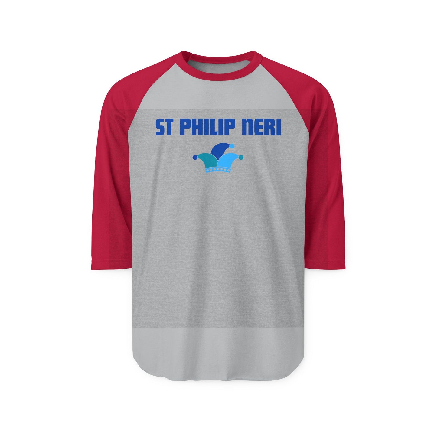 St. Philip Neri Raglan Shirt — Blue Text & Jester's Hat 3/4 Sleeve