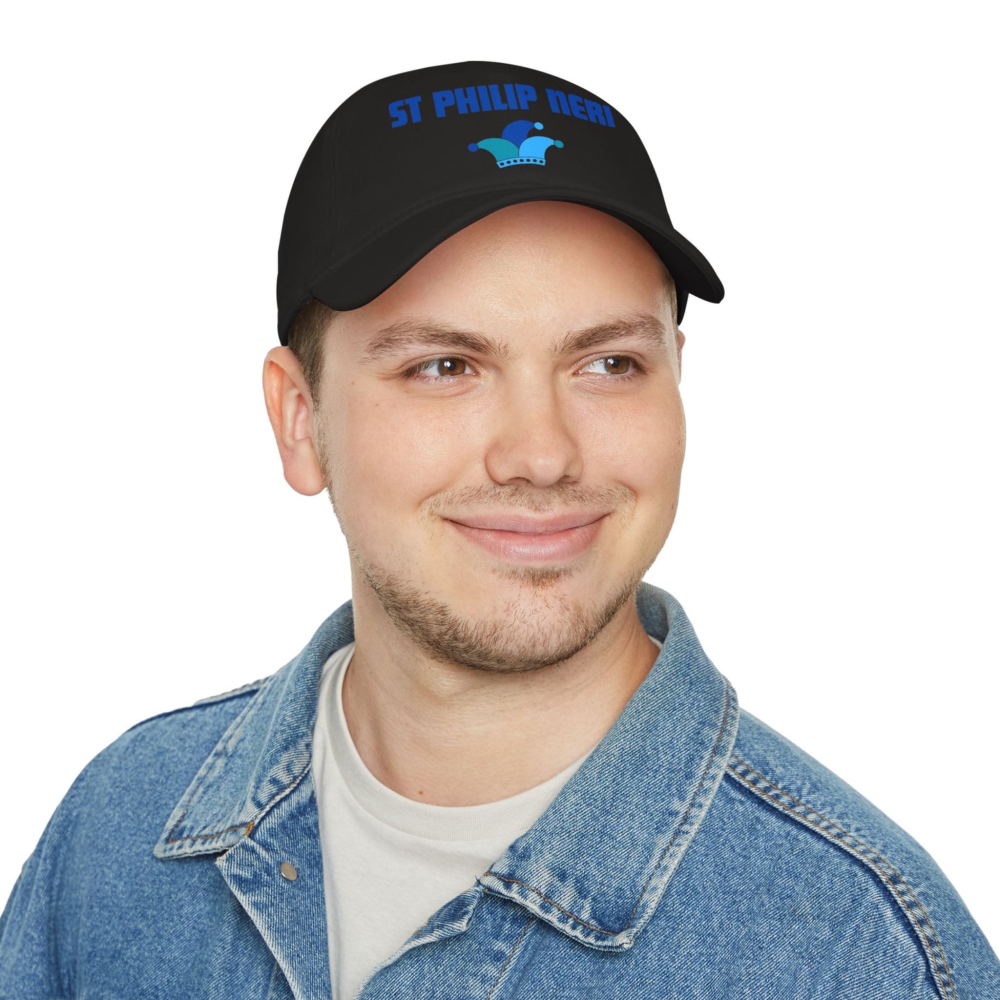 St. Philip Neri Low Profile Baseball Cap — Blue text with Jester Hat