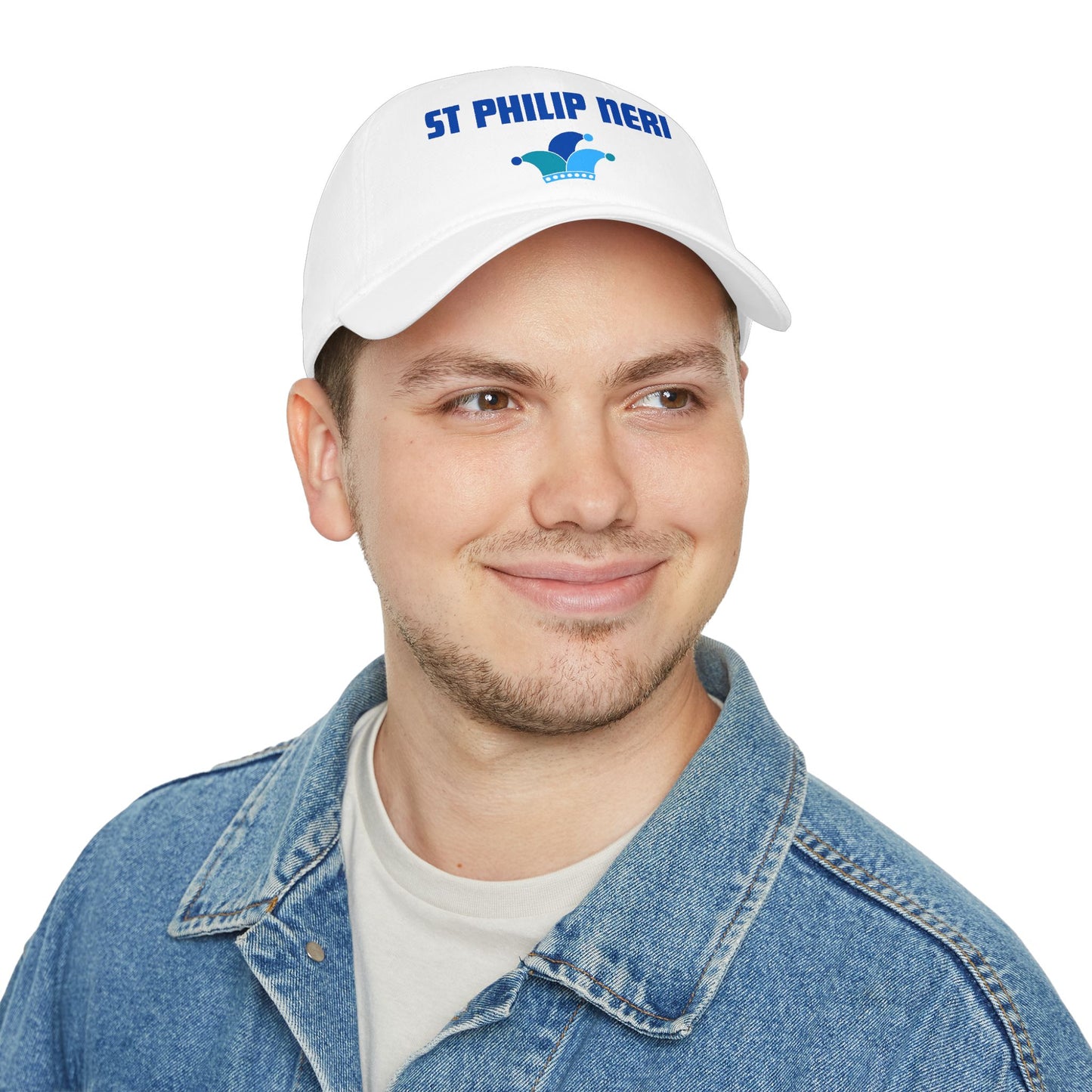St. Philip Neri Low Profile Baseball Cap — Blue text with Jester Hat