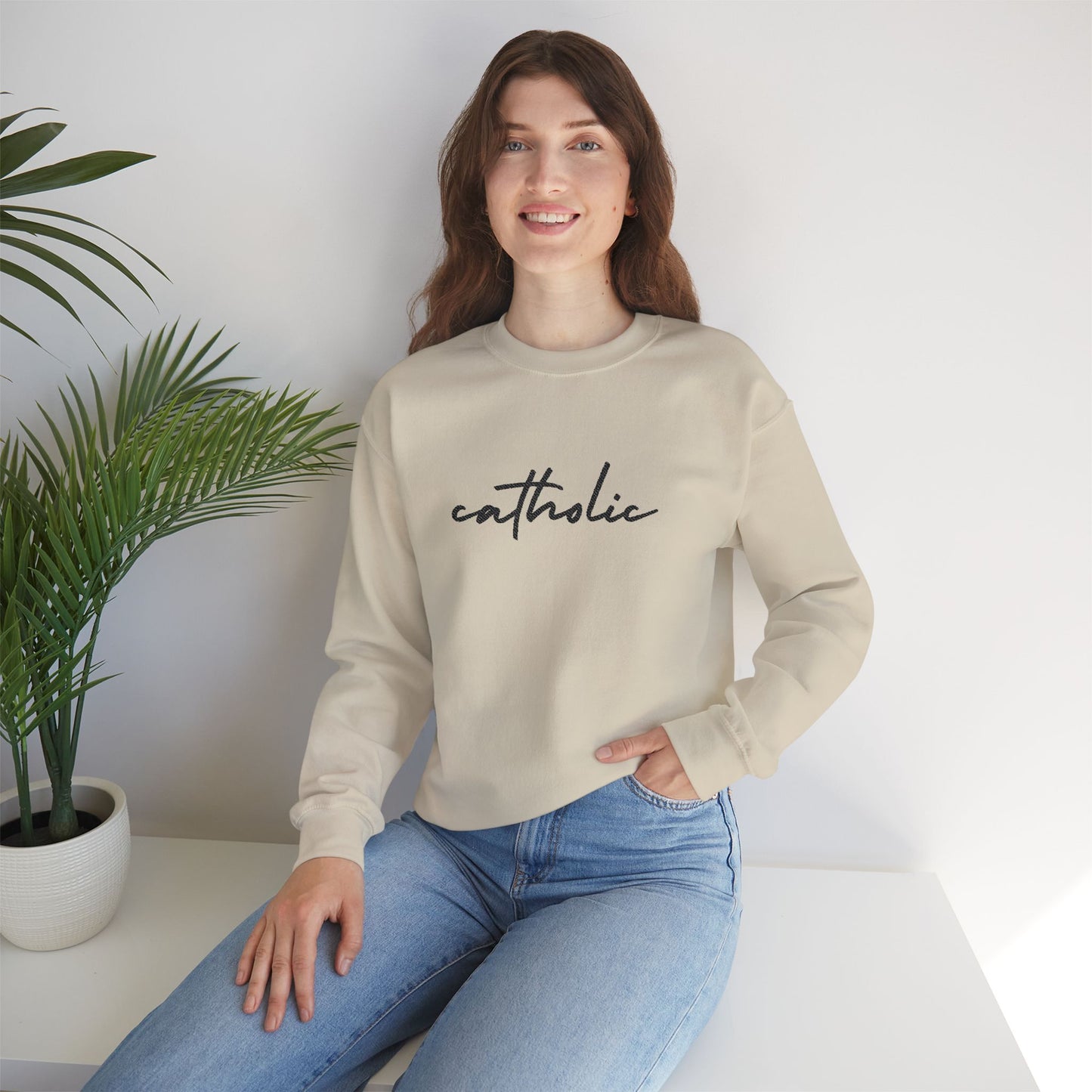 catholic Script Embroidered Crewneck Sweatshirt - black stitches