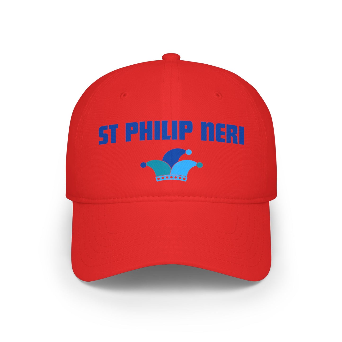 St. Philip Neri Low Profile Baseball Cap — Blue text with Jester Hat