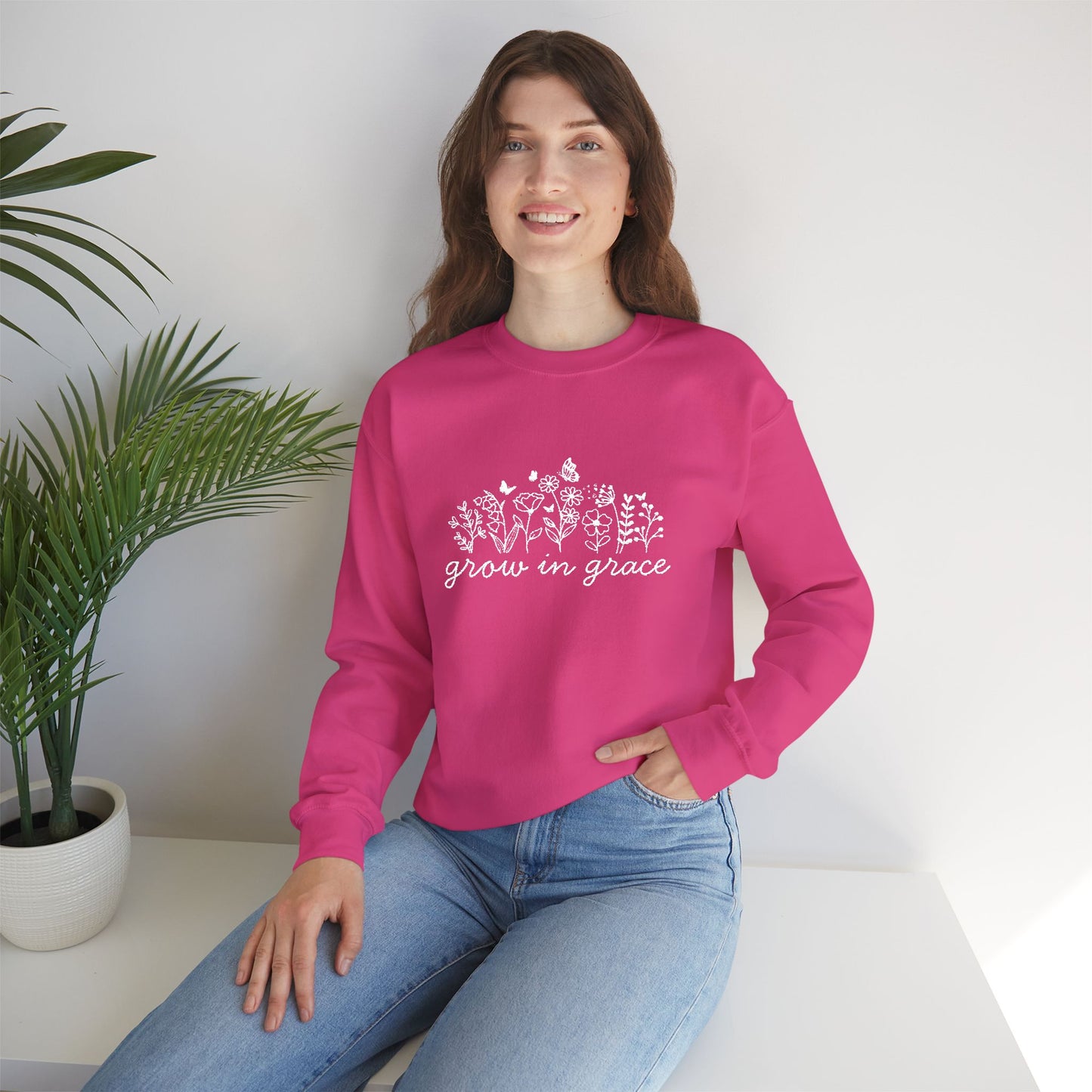 grow in grace Embroidered Crewneck Sweatshirt - white stitches