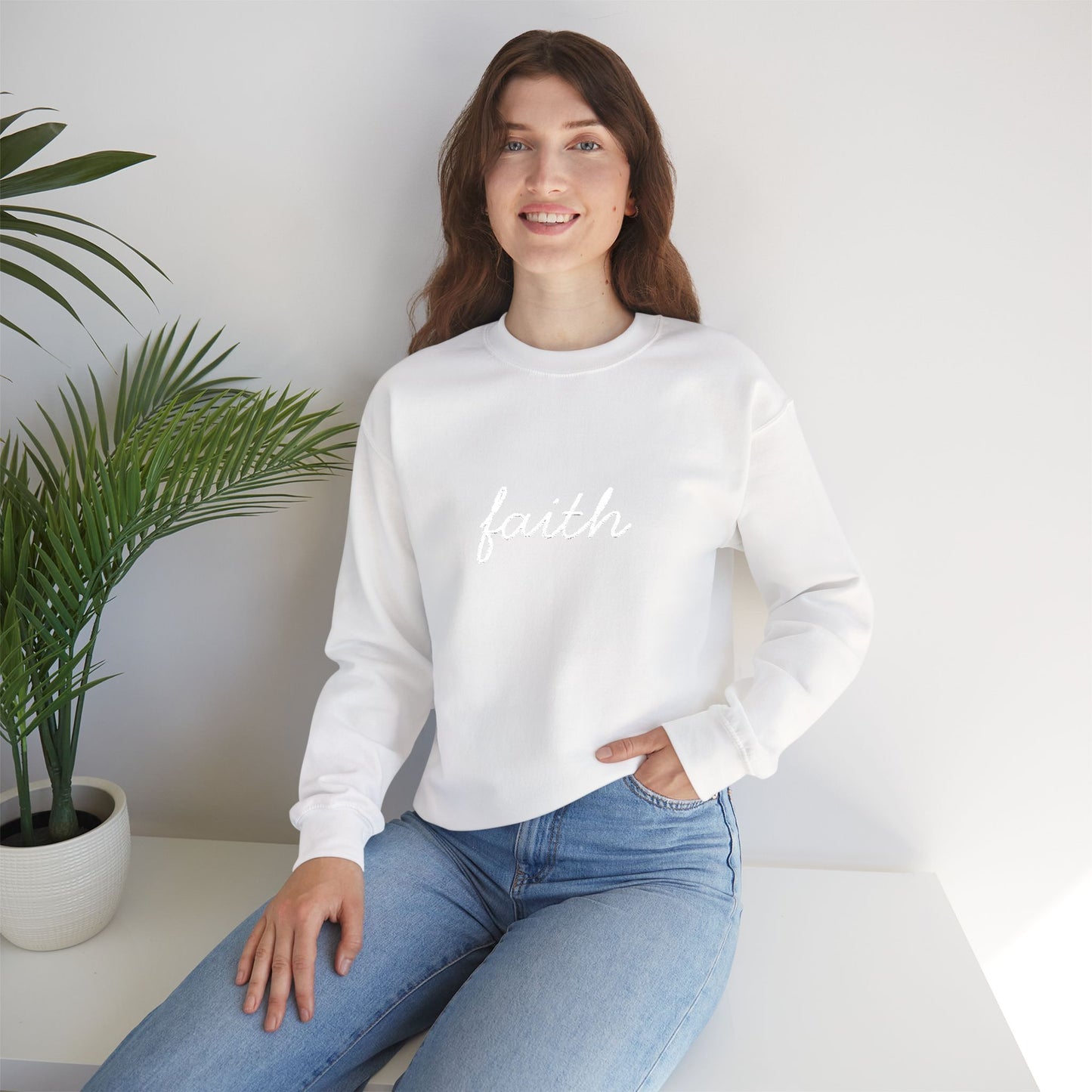 faith Script Embroidered Crewneck Sweatshirt - white stitches