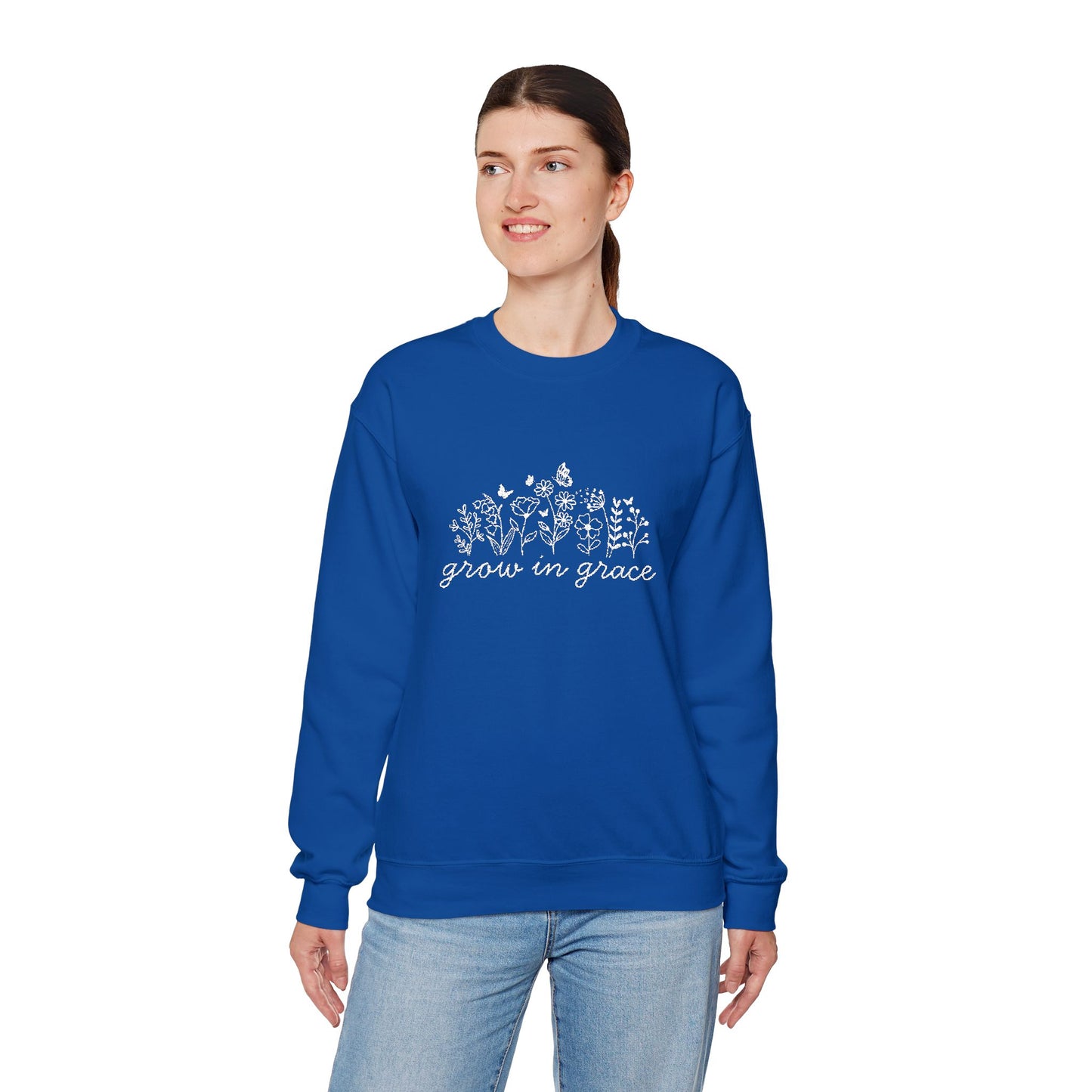 grow in grace Embroidered Crewneck Sweatshirt - white stitches