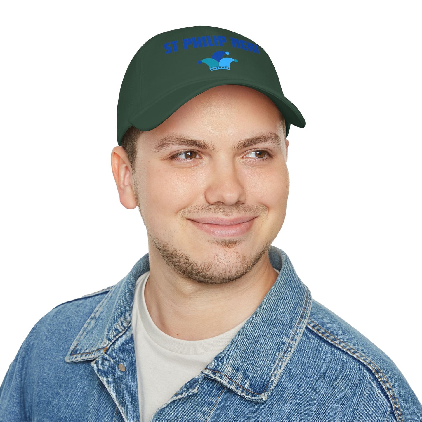 St. Philip Neri Low Profile Baseball Cap — Blue text with Jester Hat
