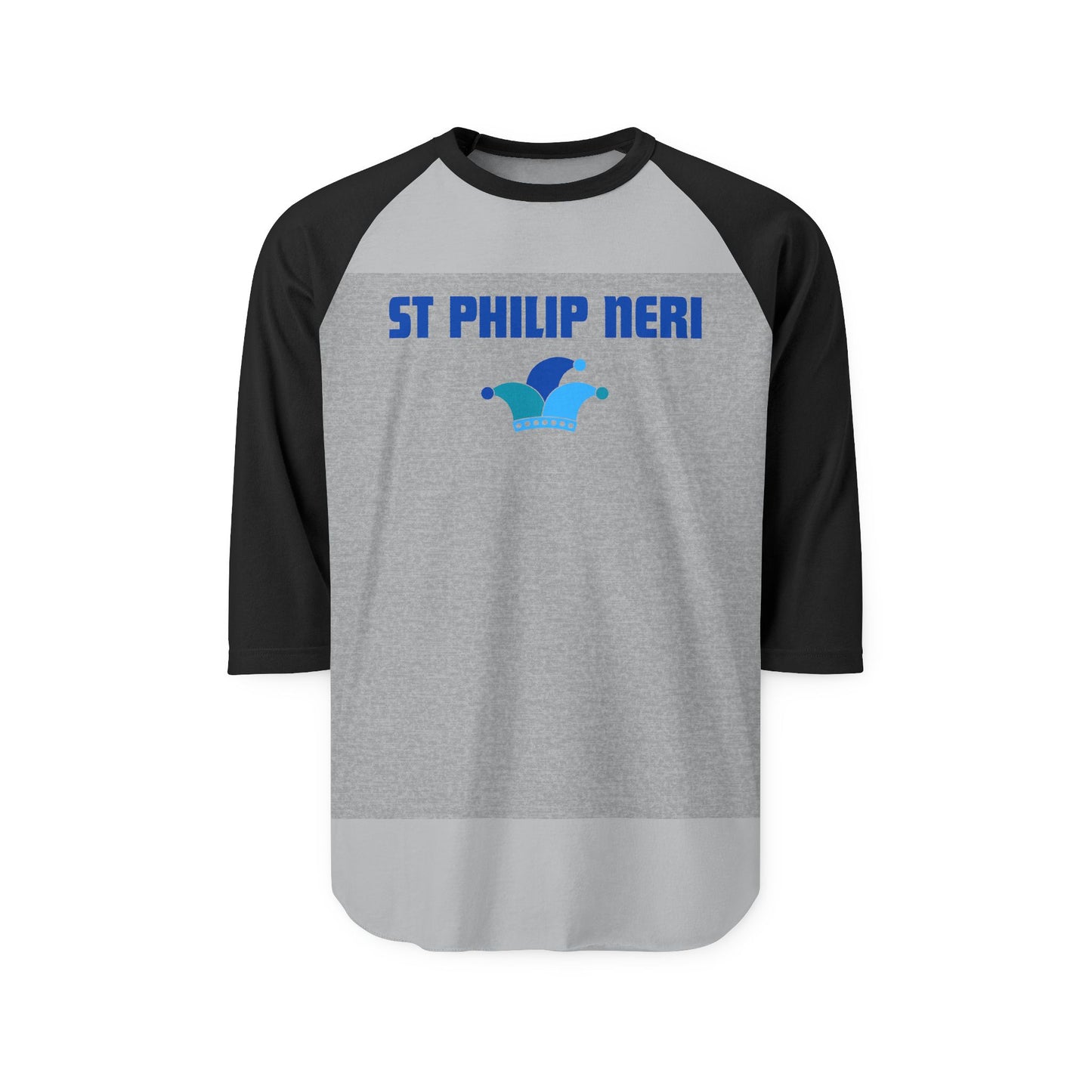 St. Philip Neri Raglan Shirt — Blue Text & Jester's Hat 3/4 Sleeve