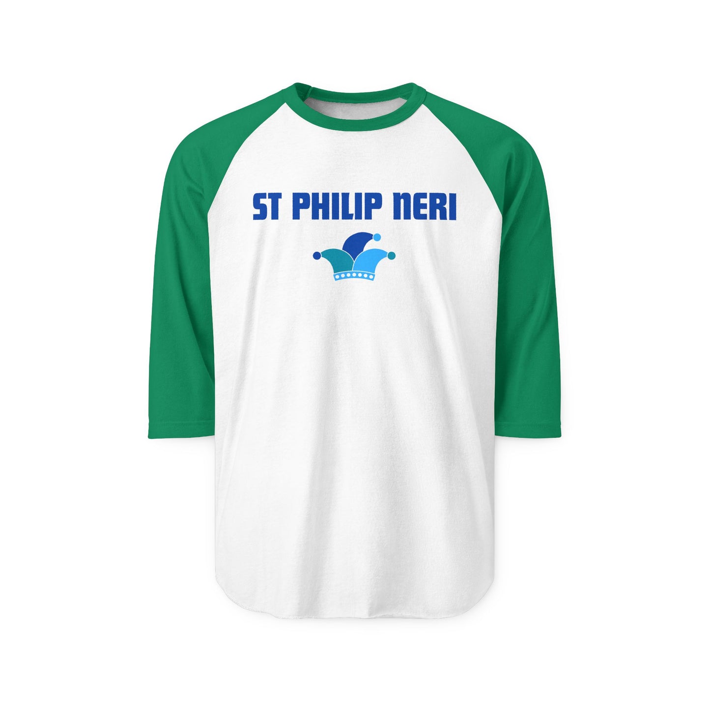 St. Philip Neri Raglan Shirt — Blue Text & Jester's Hat 3/4 Sleeve