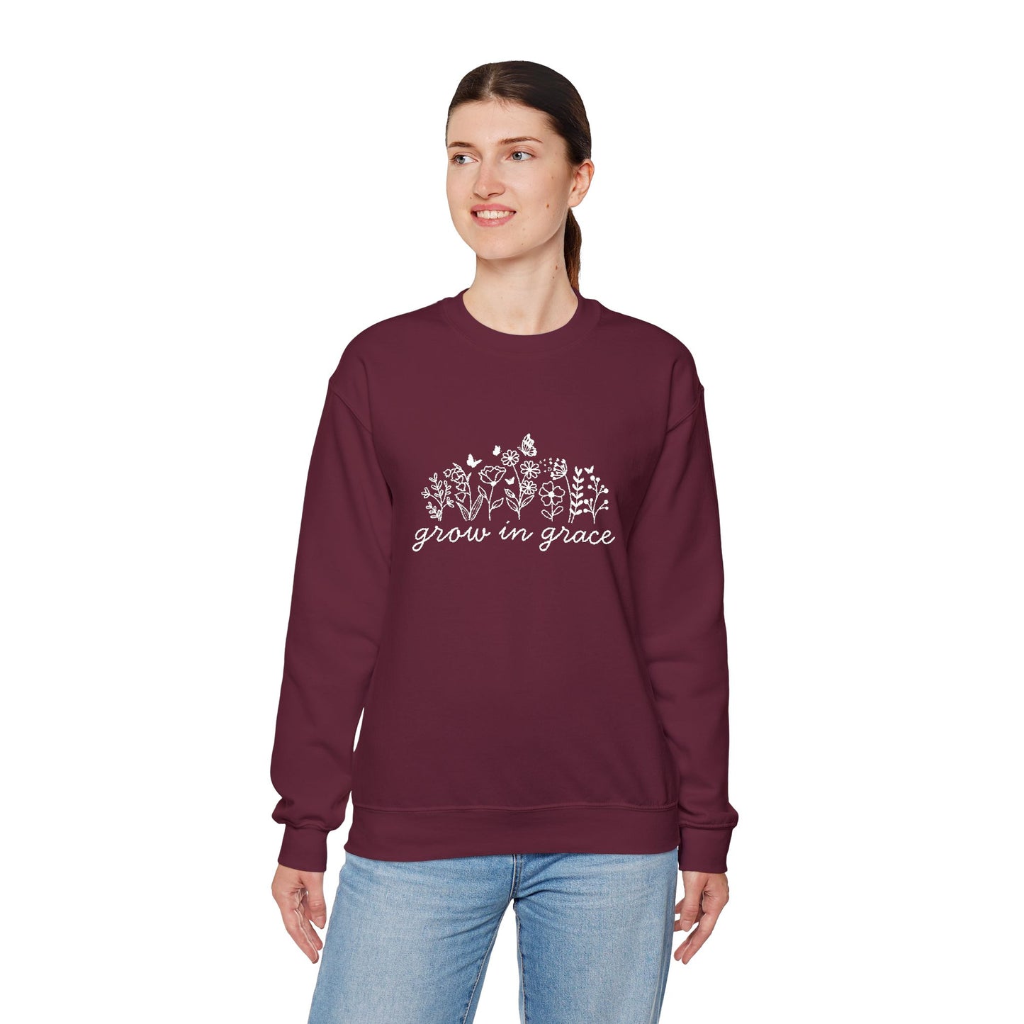 grow in grace Embroidered Crewneck Sweatshirt - white stitches