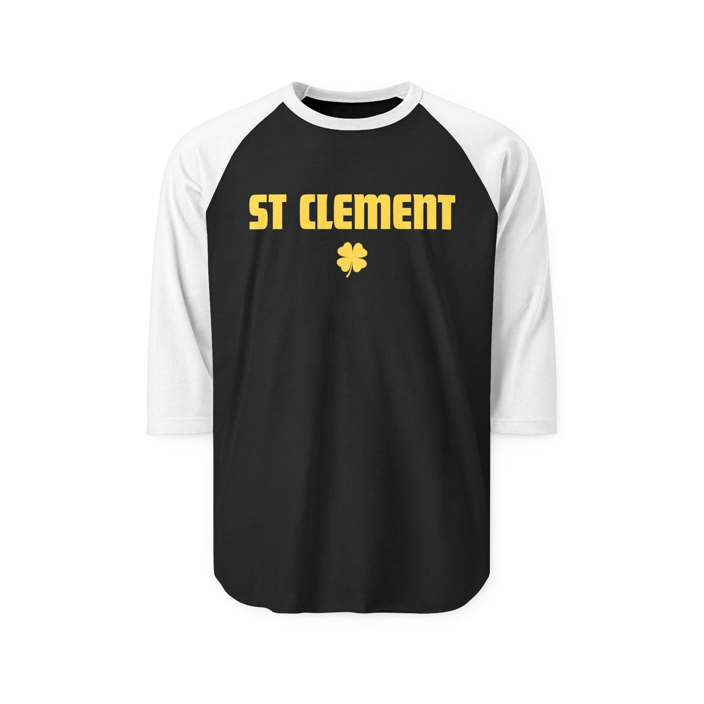 St. Clement Raglan Shirt — Vintage Gold Text & Shamrock 3/4 Sleeve