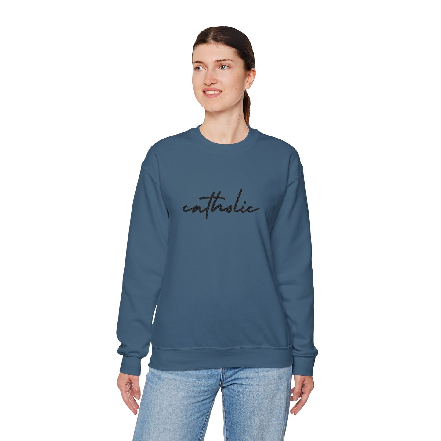 catholic Script Embroidered Crewneck Sweatshirt - black stitches