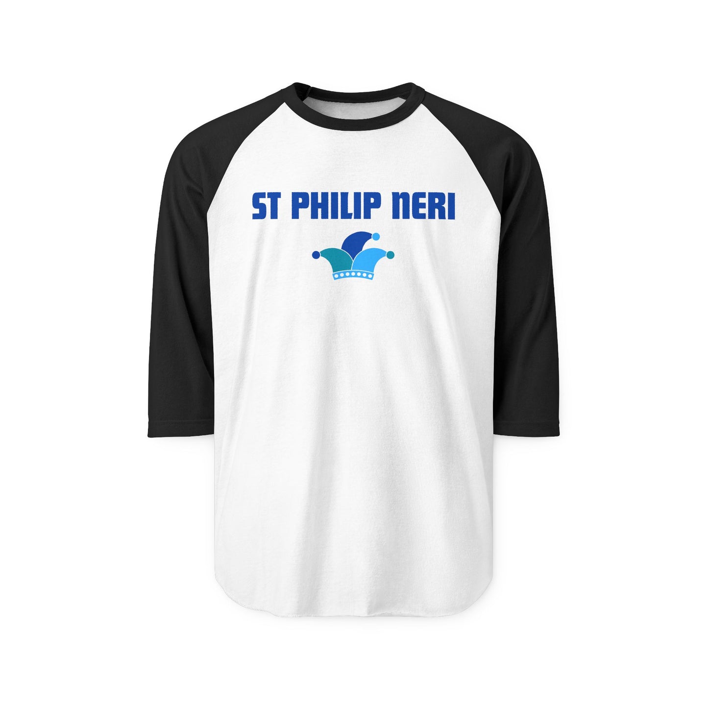 St. Philip Neri Raglan Shirt — Blue Text & Jester's Hat 3/4 Sleeve