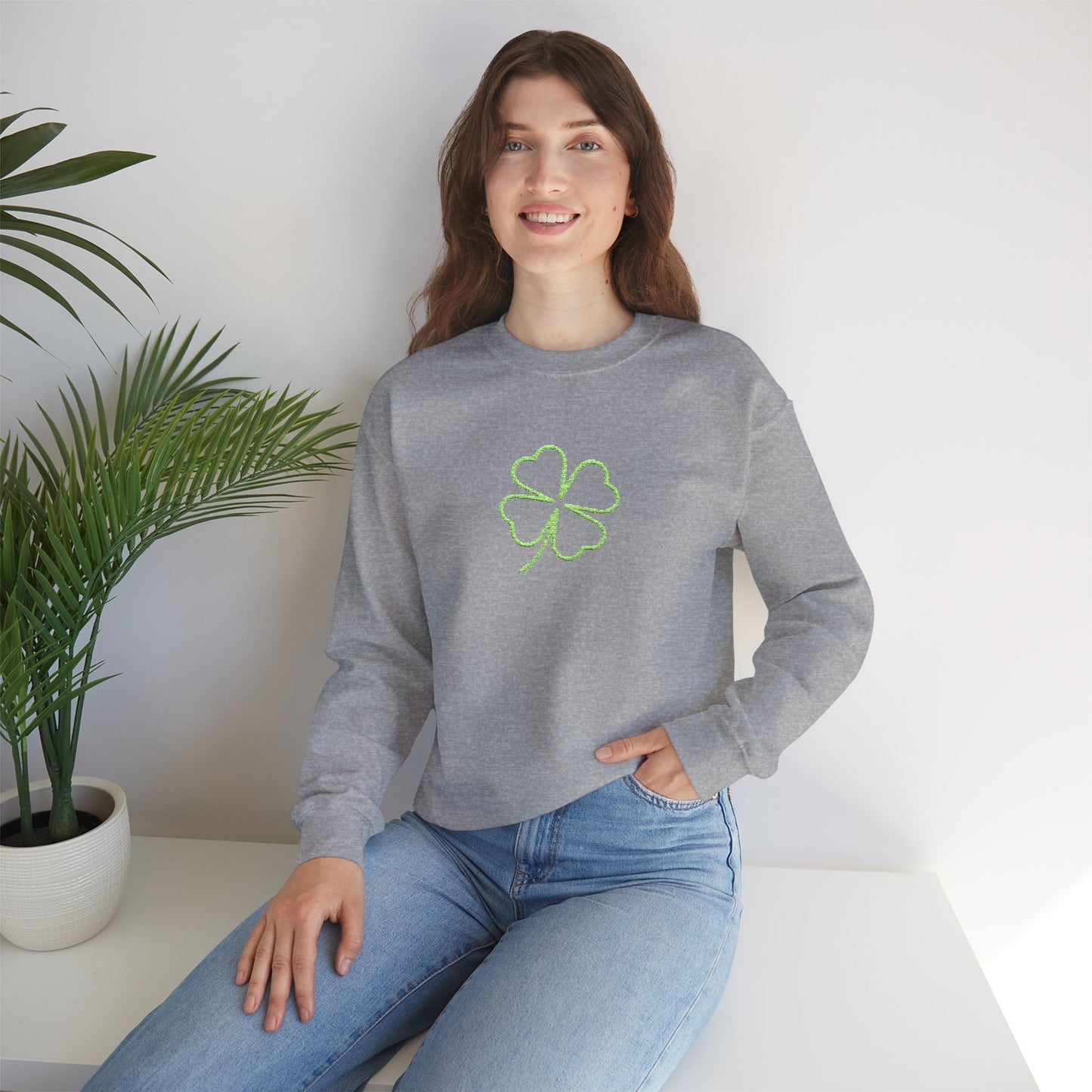 Shamrock Embroidered Crewneck Sweatshirt - Kelly Green Stitching