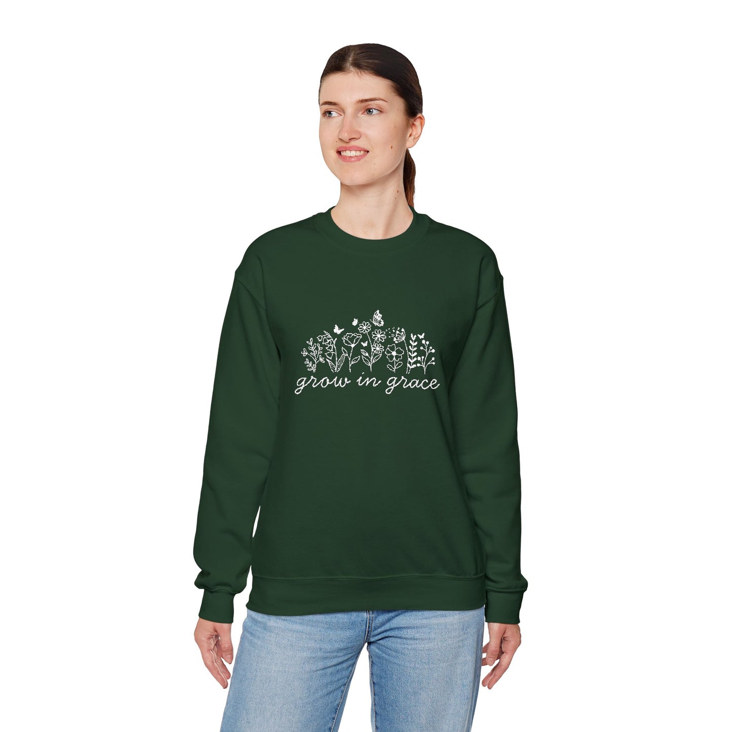 grow in grace Embroidered Crewneck Sweatshirt - white stitches