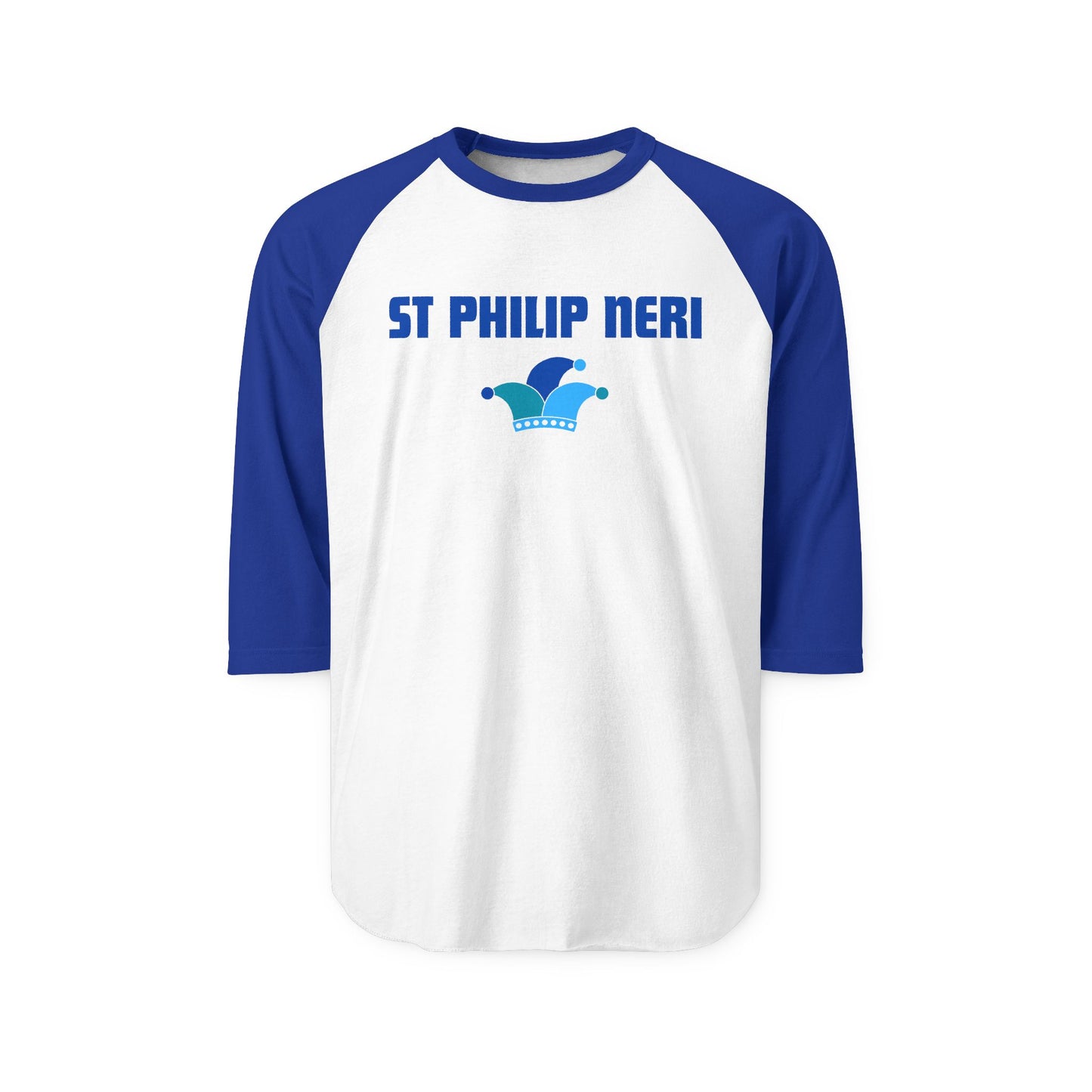 St. Philip Neri Raglan Shirt — Blue Text & Jester's Hat 3/4 Sleeve