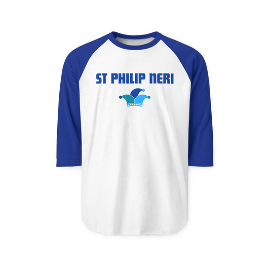 St. Philip Neri Raglan Shirt — Blue Text & Jester's Hat 3/4 Sleeve