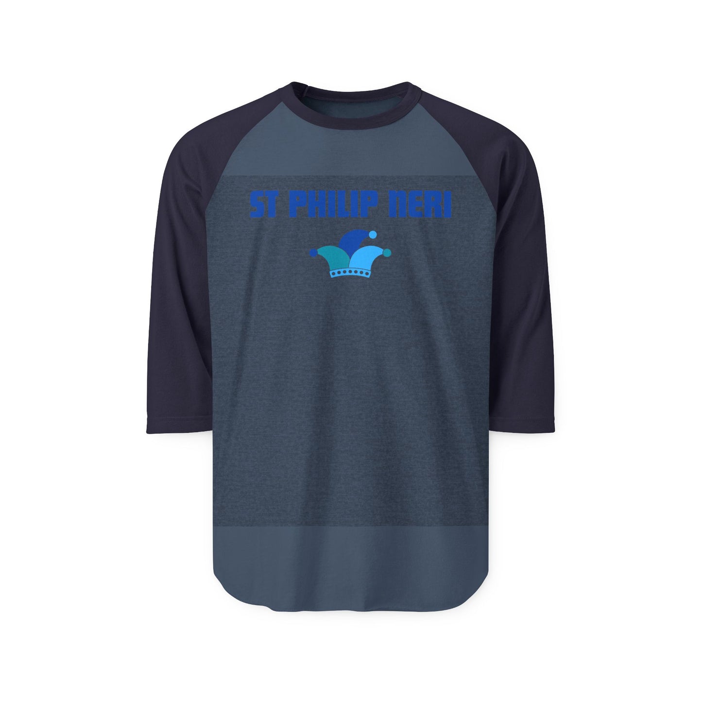 St. Philip Neri Raglan Shirt — Blue Text & Jester's Hat 3/4 Sleeve