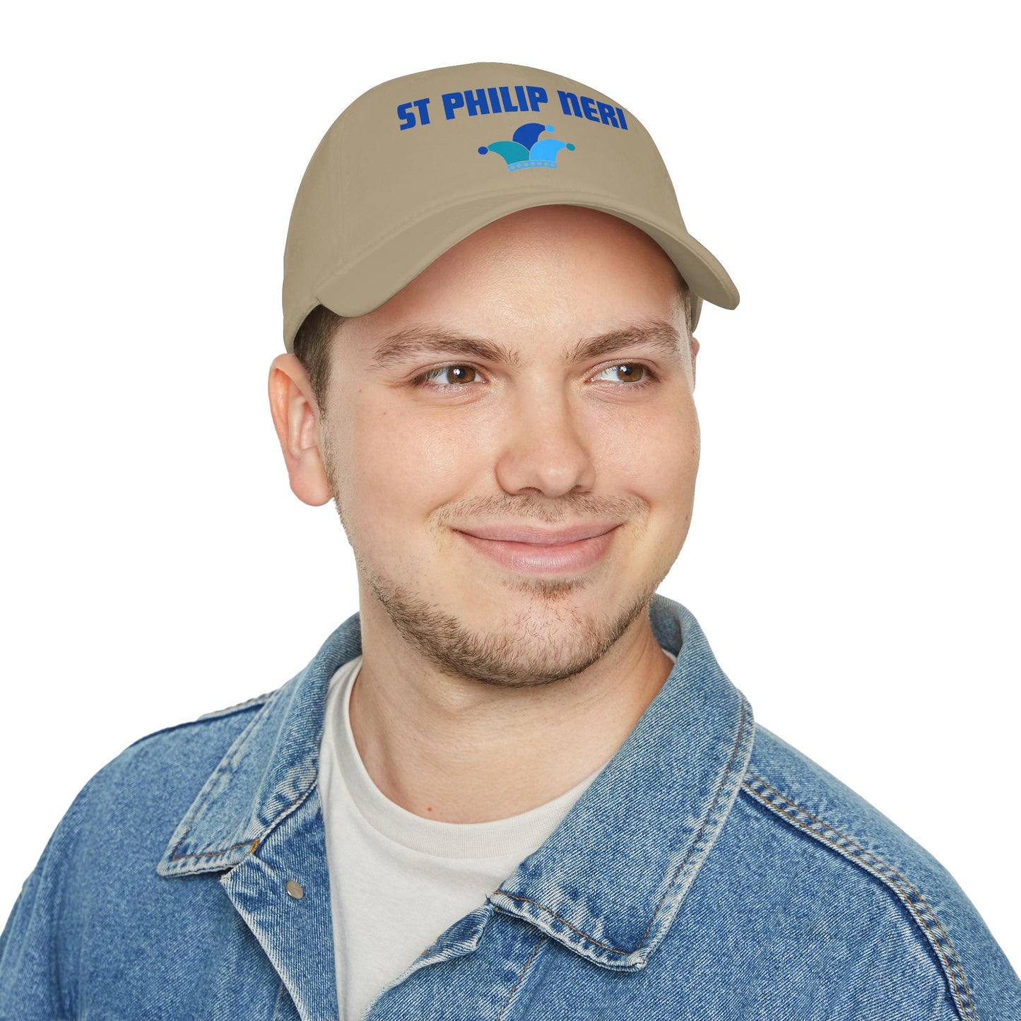 St. Philip Neri Low Profile Baseball Cap — Blue text with Jester Hat