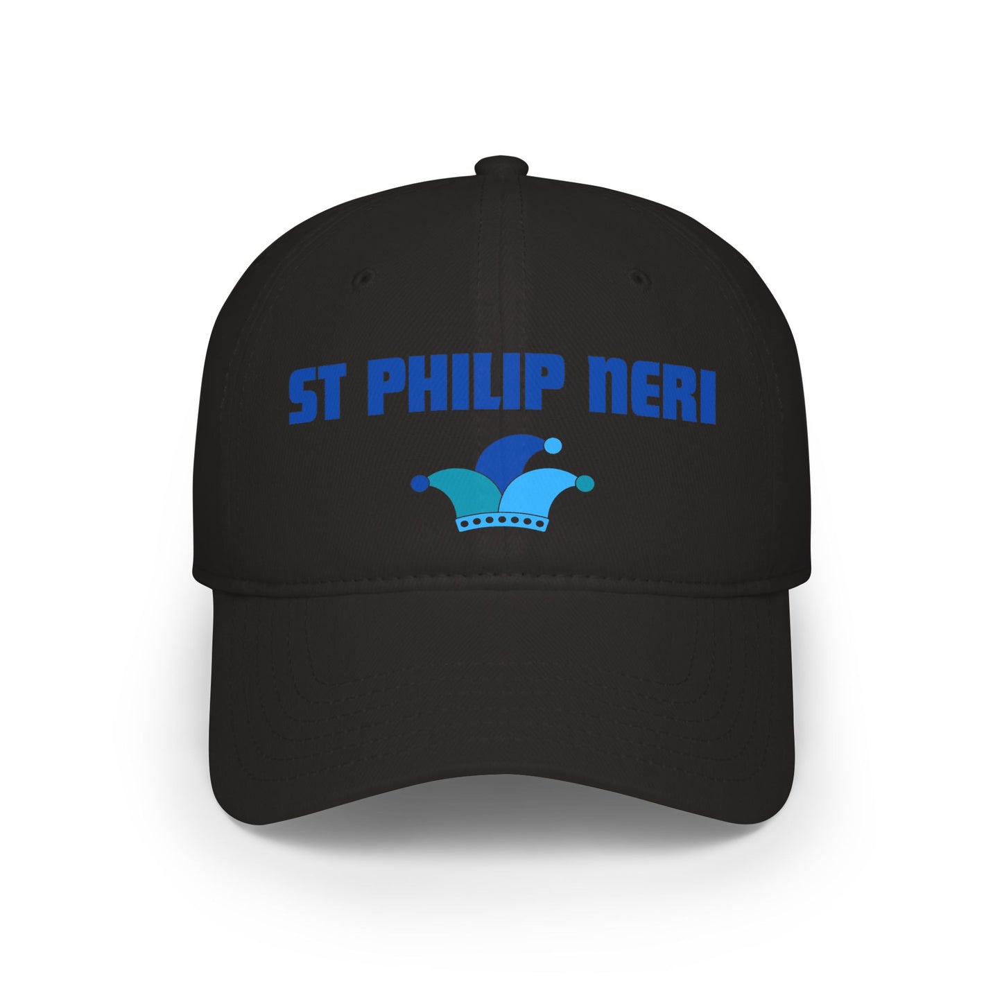 St. Philip Neri Low Profile Baseball Cap — Blue text with Jester Hat