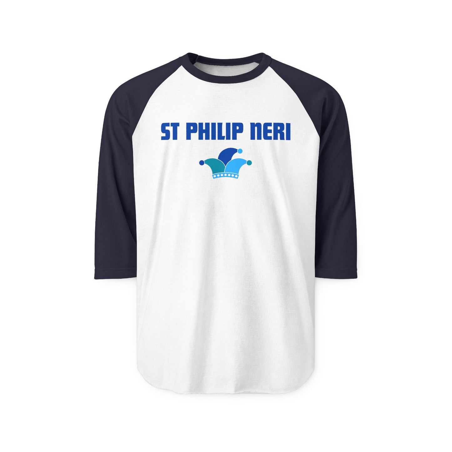 St. Philip Neri Raglan Shirt — Blue Text & Jester's Hat 3/4 Sleeve