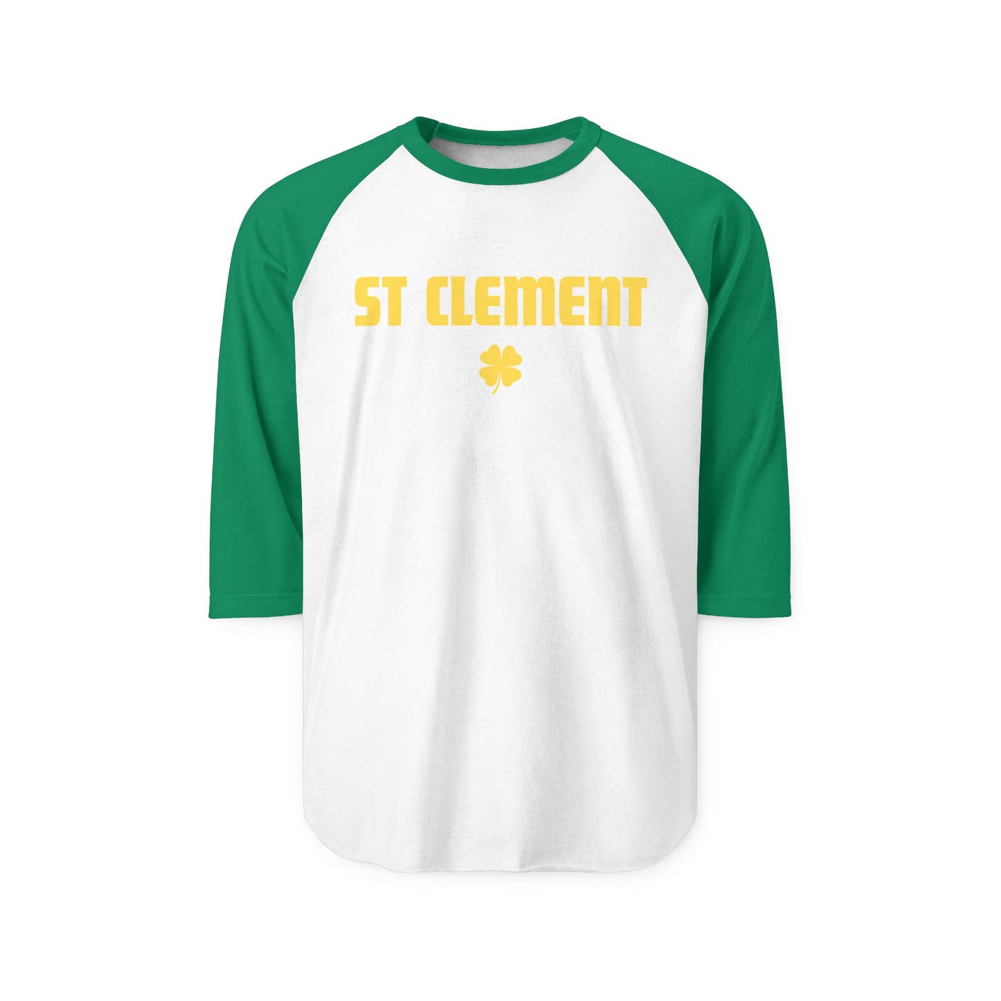 St. Clement Raglan Shirt — Vintage Gold Text & Shamrock 3/4 Sleeve