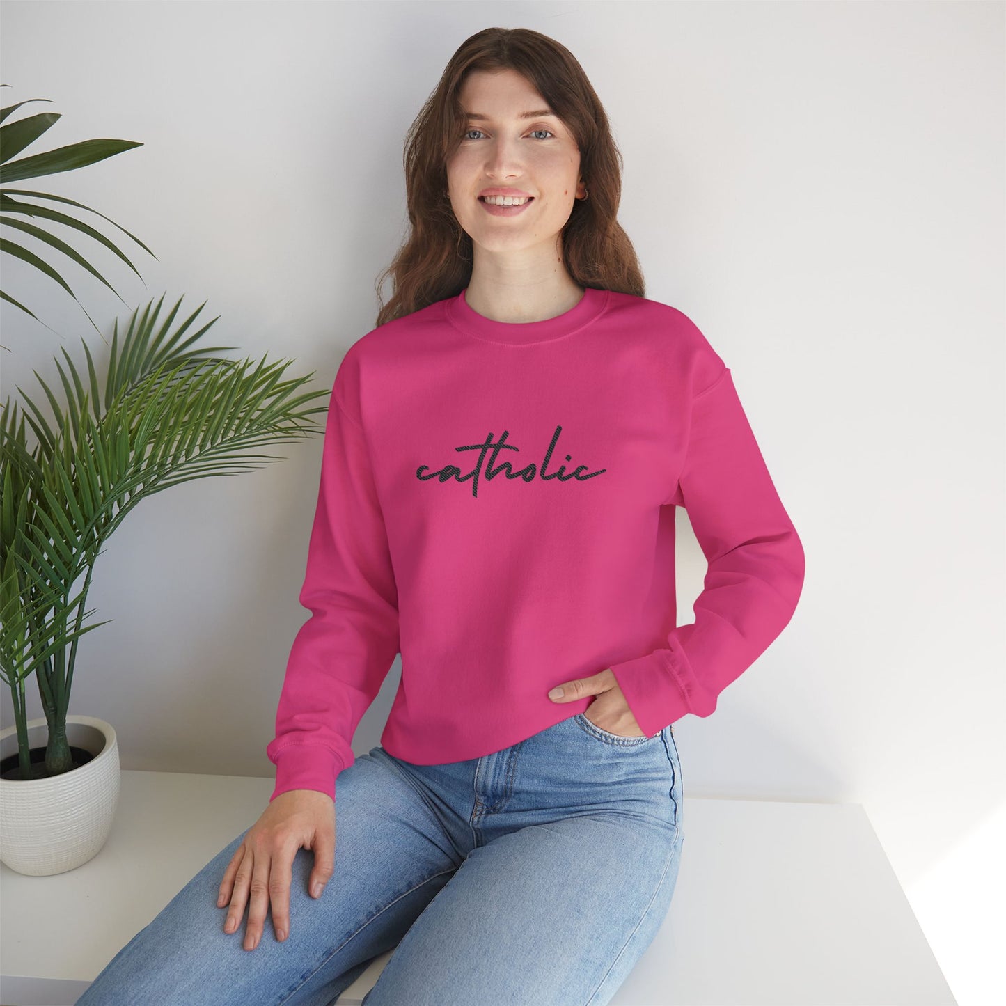 catholic Script Embroidered Crewneck Sweatshirt - black stitches