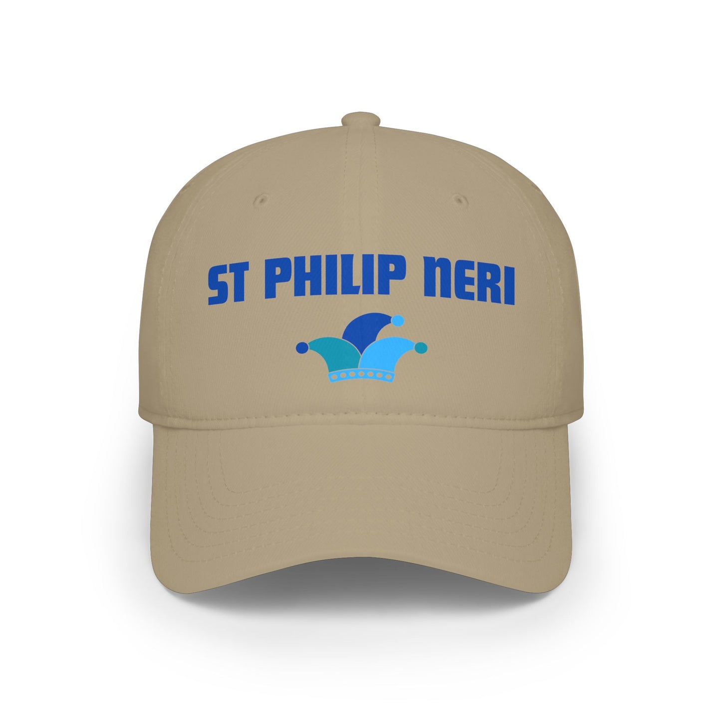 St. Philip Neri Low Profile Baseball Cap — Blue text with Jester Hat