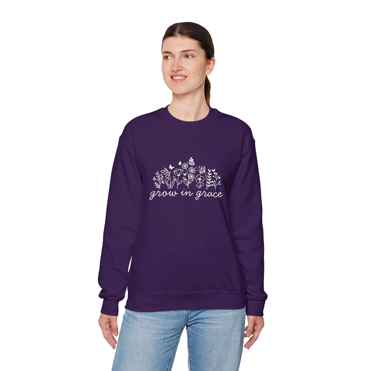 grow in grace Embroidered Crewneck Sweatshirt - white stitches