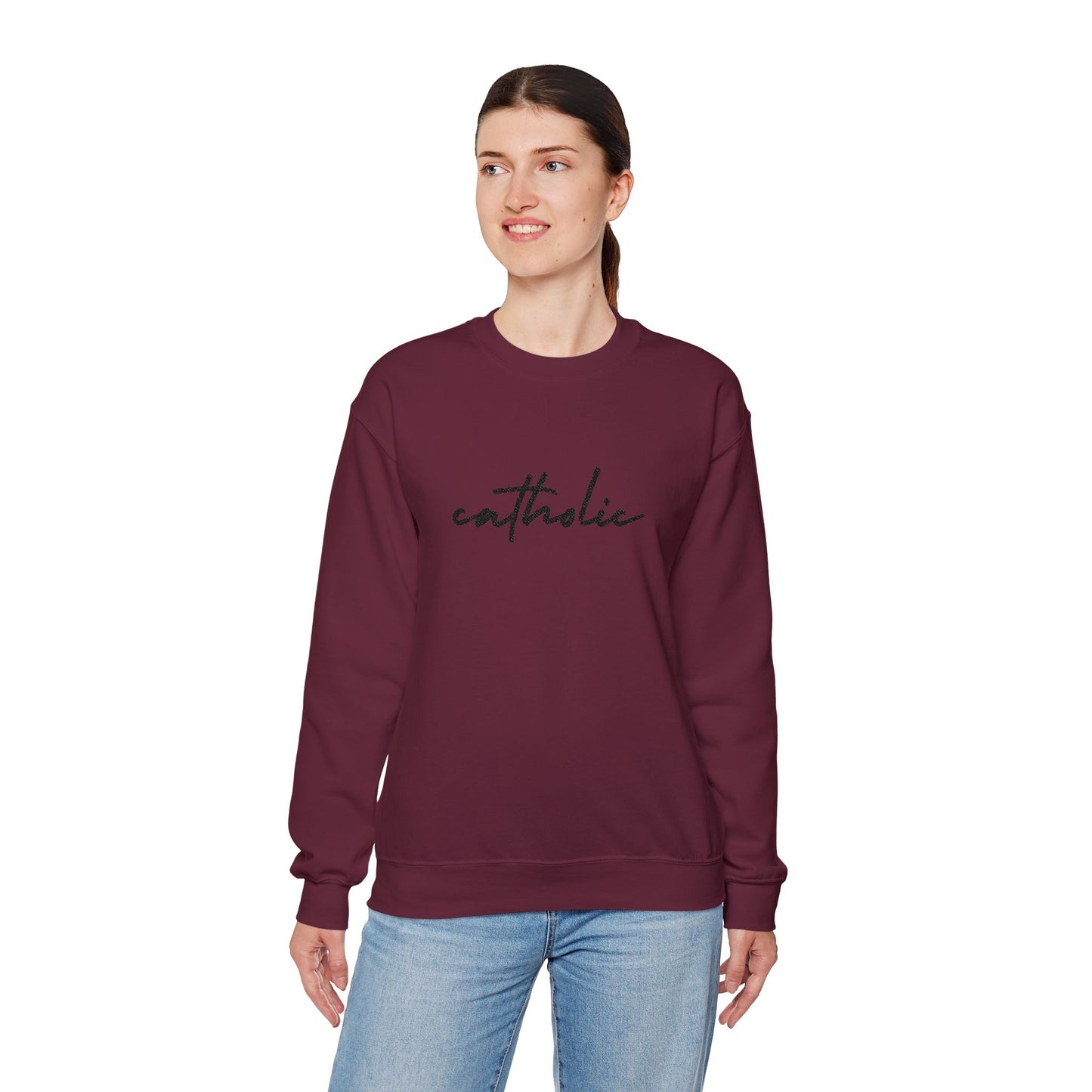 catholic Script Embroidered Crewneck Sweatshirt - black stitches