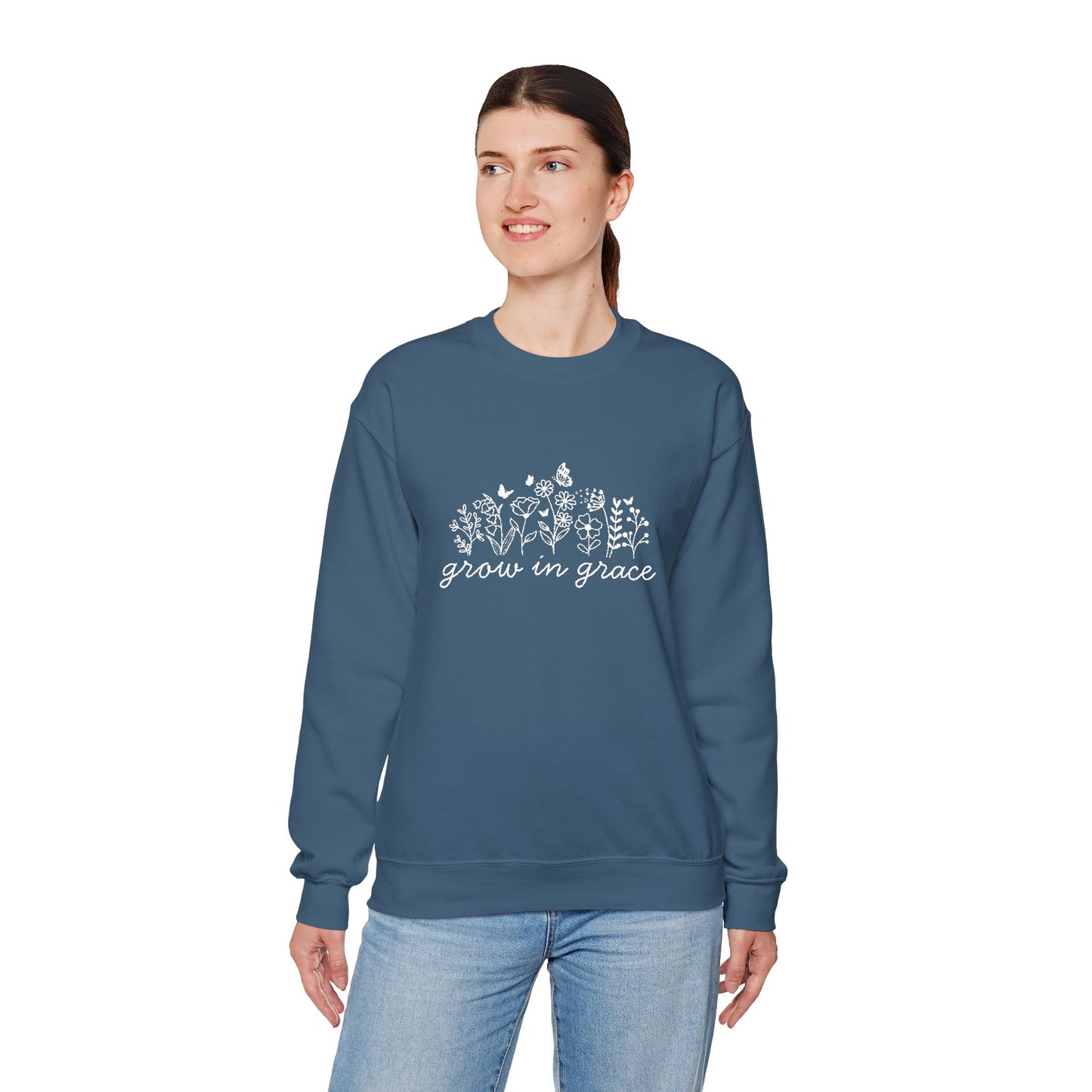 grow in grace Embroidered Crewneck Sweatshirt - white stitches