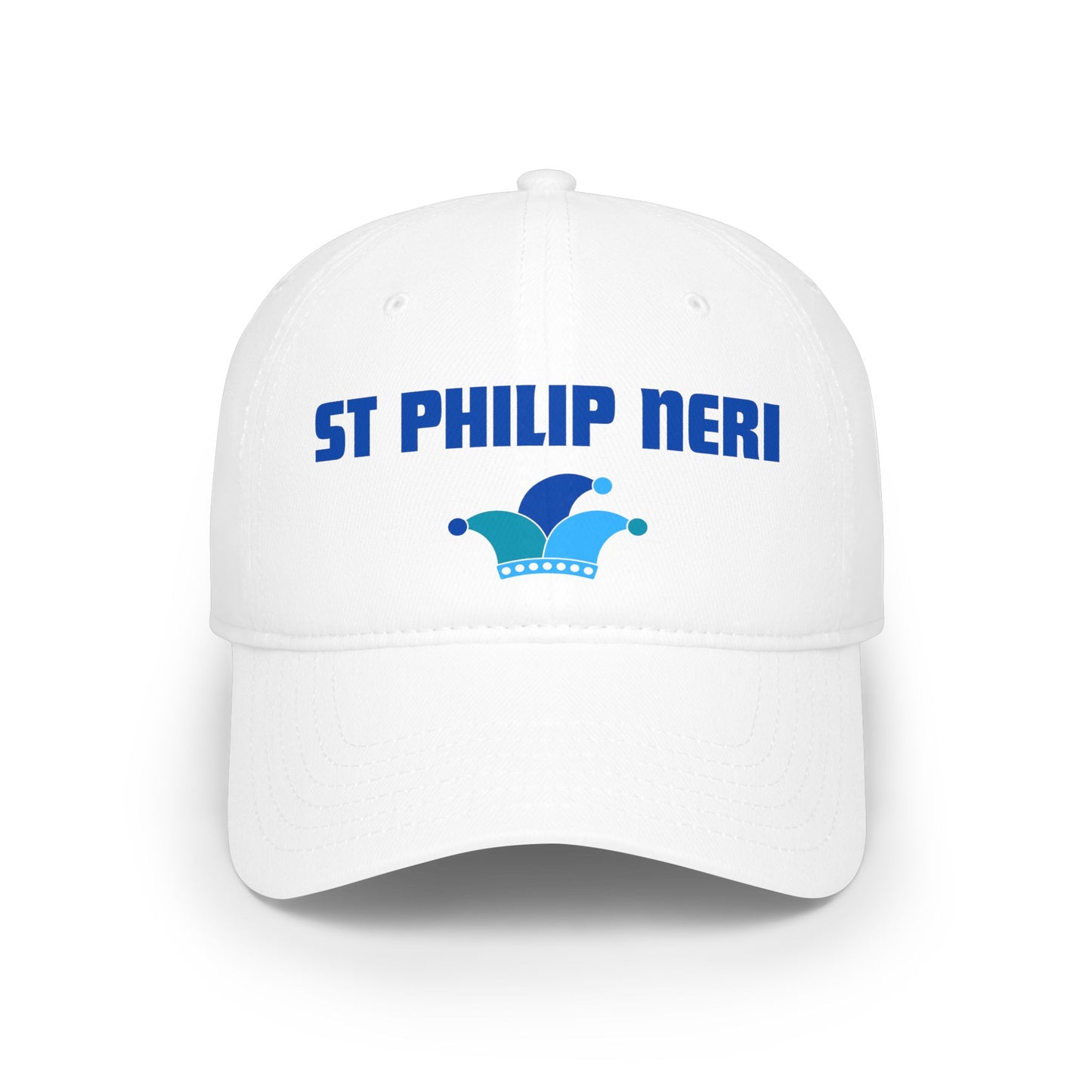 St. Philip Neri Low Profile Baseball Cap — Blue text with Jester Hat