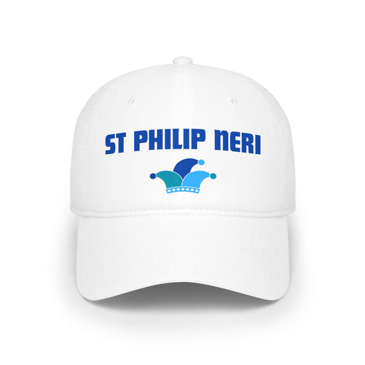 St. Philip Neri Low Profile Baseball Cap — Blue text with Jester Hat