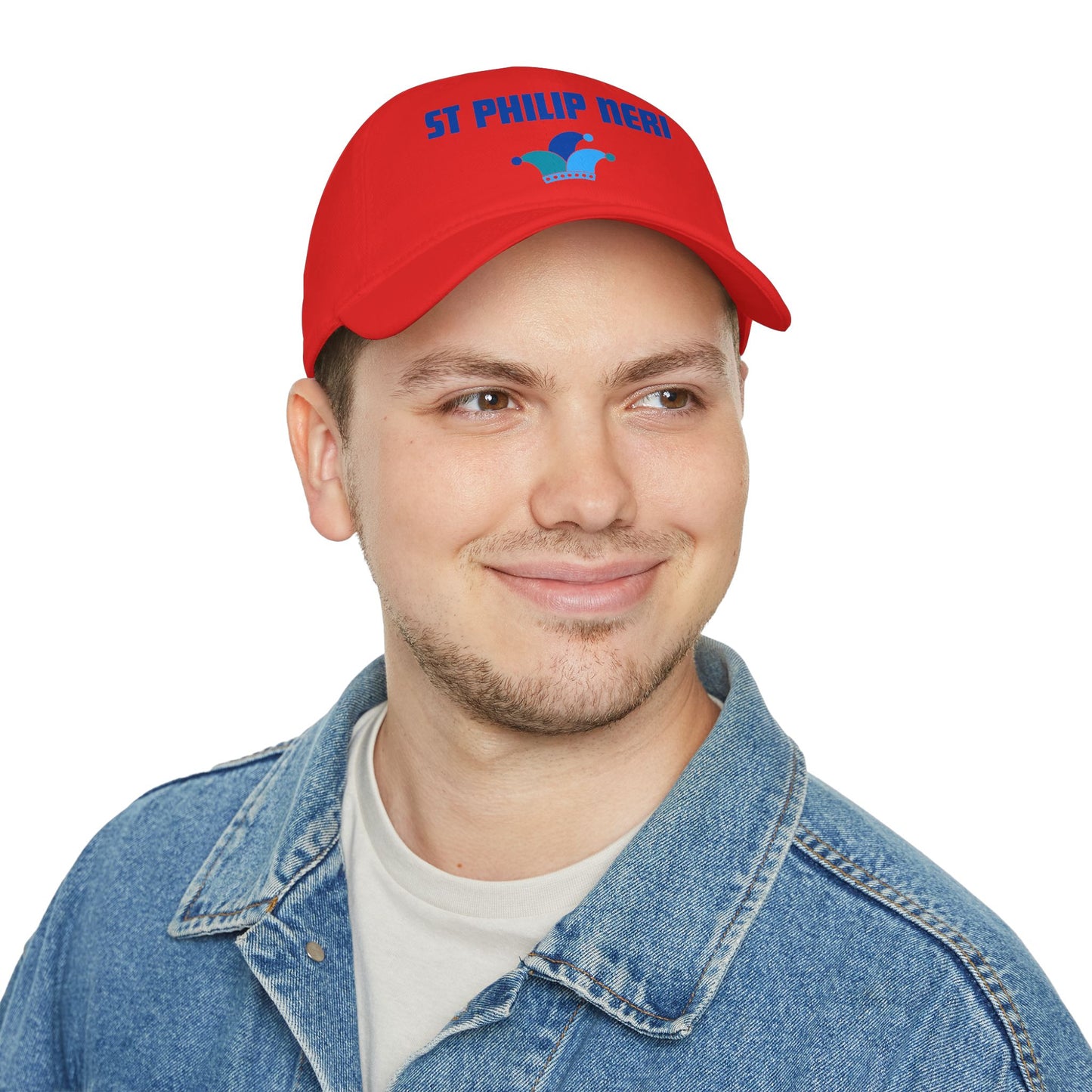 St. Philip Neri Low Profile Baseball Cap — Blue text with Jester Hat