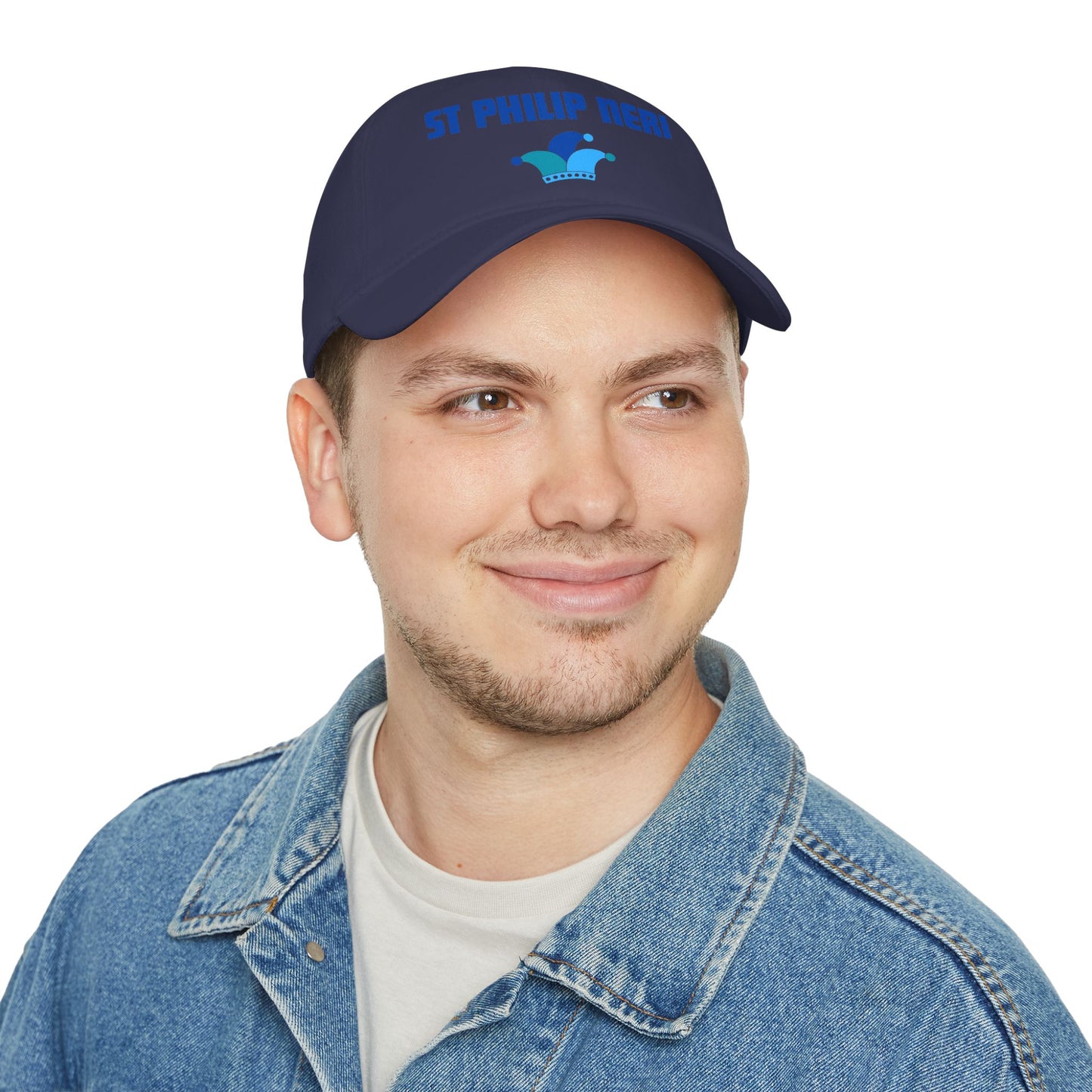 St. Philip Neri Low Profile Baseball Cap — Blue text with Jester Hat