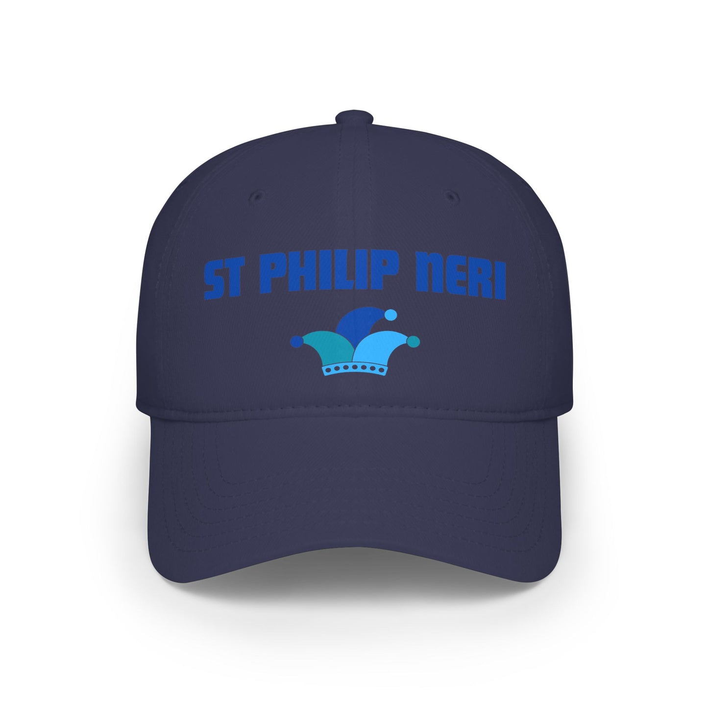 St. Philip Neri Low Profile Baseball Cap — Blue text with Jester Hat
