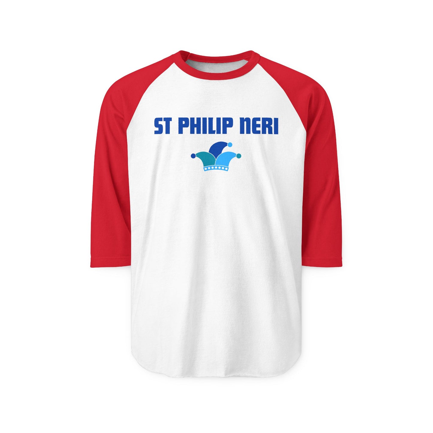 St. Philip Neri Raglan Shirt — Blue Text & Jester's Hat 3/4 Sleeve